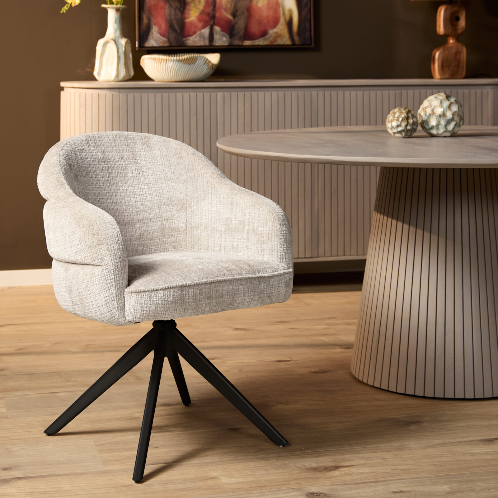 Esszimmerstuhl Bella | Off-White | Gestell Schwarz | Mit Armlehne - Afbeelding 6